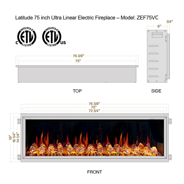 Litedeer Homes Latitude 75 inch Smart Control HD LED Electric Fireplace Wifi Enabled Model: ZEF75VC ,Black