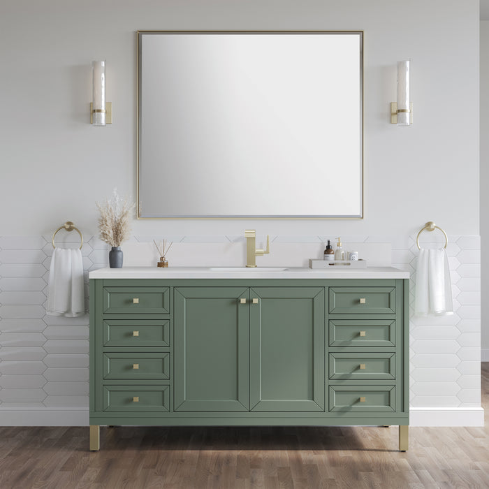 James Martin Chicago 60" Single Bathroom Vanity in Smokey Celadon, shown in a bathroom setting