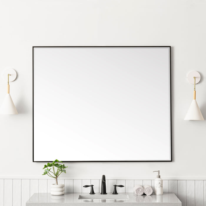 James Martin Rohe 48" Rectangular Mirror in Matte Black, shown in a bathroom setting