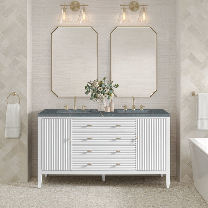 Myrrin 60" Double Vanity, Mid Century Walnut w/ 3 CM Ethereal Noctis Silestone Top w/FreePower Wireless Charger
