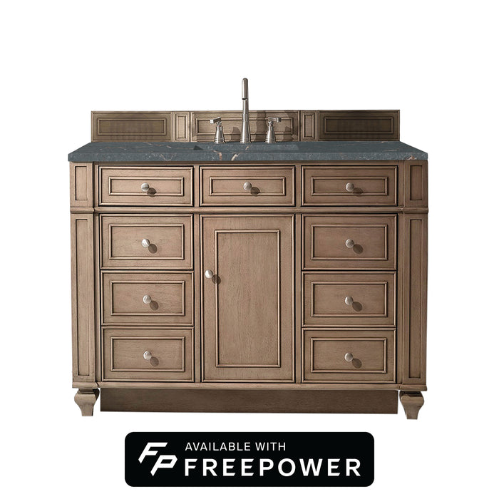 Bristol 48" Single Vanity, Whitewashed Walnut w/ 3 CM Victorian Silver Silestone Top