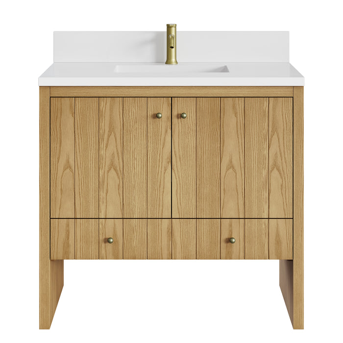Hudson 36" Single Vanity, Light Natural Oak w/ Single Hole 3 CM White Zeus Top & Backsplash