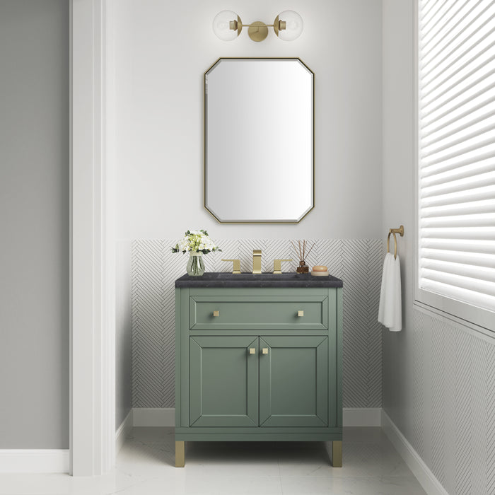 James Martin Chicago 30" Single Bathroom Vanity in Smokey Celadon, shown in a bathroom setting