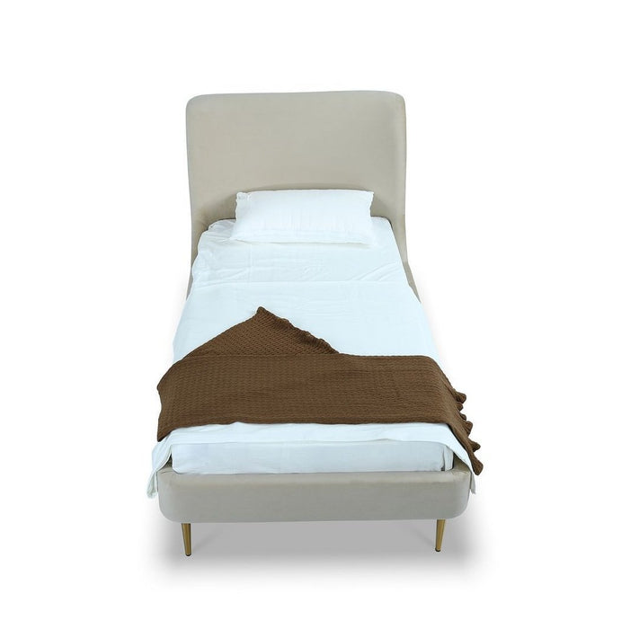 Manhattan Comfort Heather Velvet Twin Bed in Cream with Gold Legs