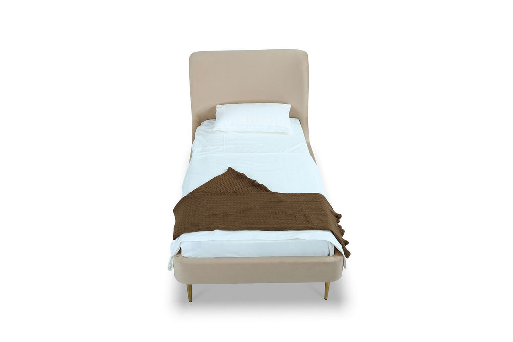 Manhattan Comfort Heather Velvet Twin Bed in Cream with Gold Legs