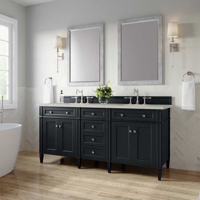 Brittany 72" Double Vanity, Pecan w/ 3 CM Ethereal Noctis Silestone Top w/FreePower Wireless Charger