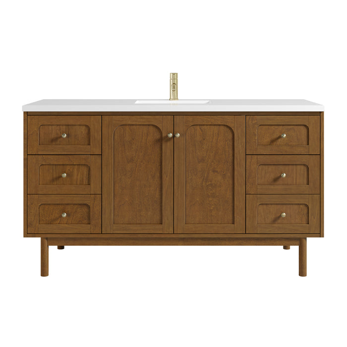 Laurent 60" Single Vanity, Honey Oak w/ Single Hole 3 CM White Zeus Silestone Top and Matching Backsplash