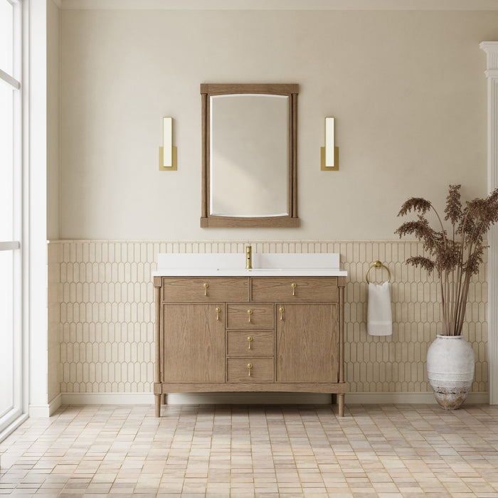James Martin Kinnsden 48" Single Bathroom Vanity in Weathered Oak, shown in a bathroom setting