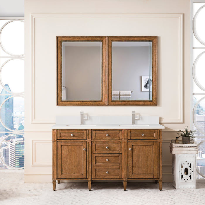 James Martin Brittany 60" Double Bathroom Vanity in Saddle Brown, shown in a bathroom setting