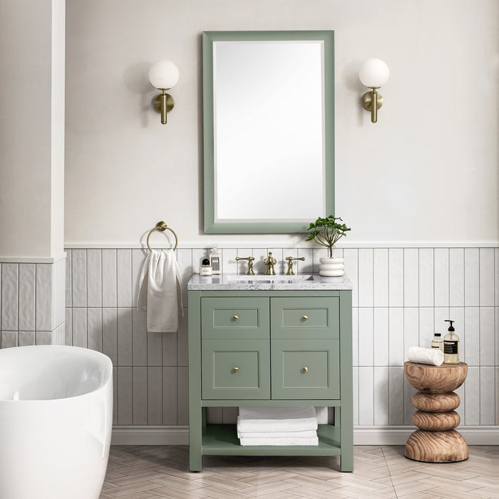 James Martin Breckenridge 30" Single Bathroom Vanity in Smokey Celadon, shown in a bathroom setting