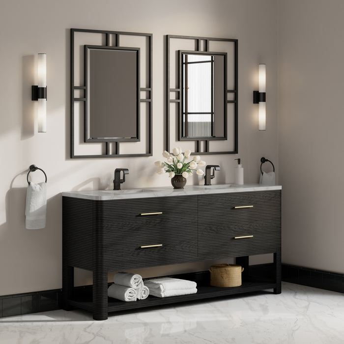 Lucian 72" Double Vanity, Pebble Oak w/ 3 CM Victorian Silver Silestone Widespread Top
