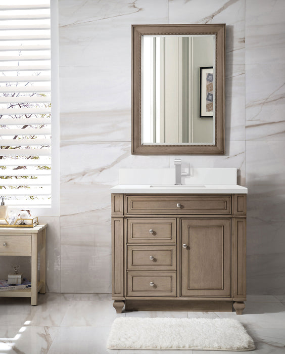James Martin Bristol 36" Single Bathroom Vanity in Whitewashed Walnut, shown in a bathroom setting
