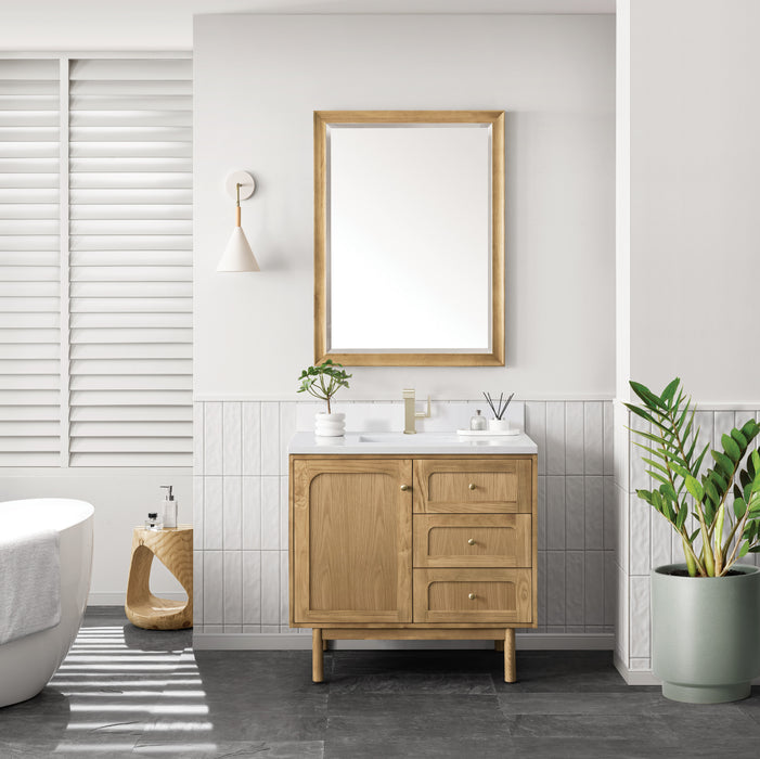 James Martin Laurent 36" Single Bathroom Vanity in Light Natural Oak, shown in a bathroom setting