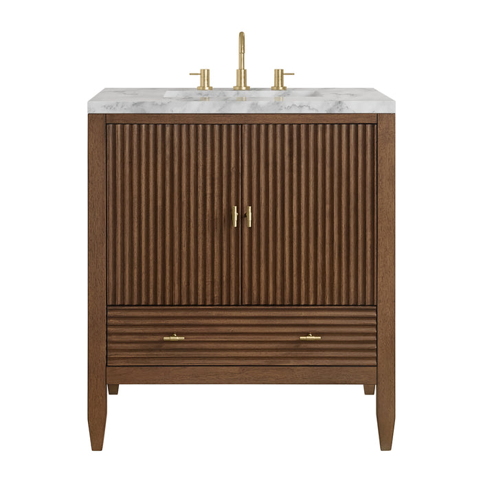 Myrrin 30" Single Vanity, Mid-Century Walnut w/ 3 CM Carrara Marble Top