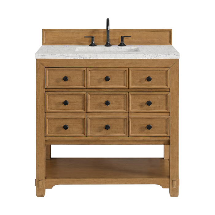 Malibu 36" Single Vanity, Amber Birch w/ 3 CM Eternal Jasmine Pearl Top