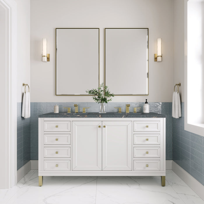 James Martin Chicago 60" Double Bathroom Vanity in Glossy White, shown in a bathroom setting