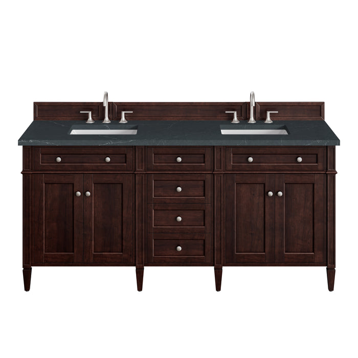 Brittany 72" Double Vanity, Burnished Mahogany w/ Single Hole 3 CM White Zeus Silestone Top & Backsplash