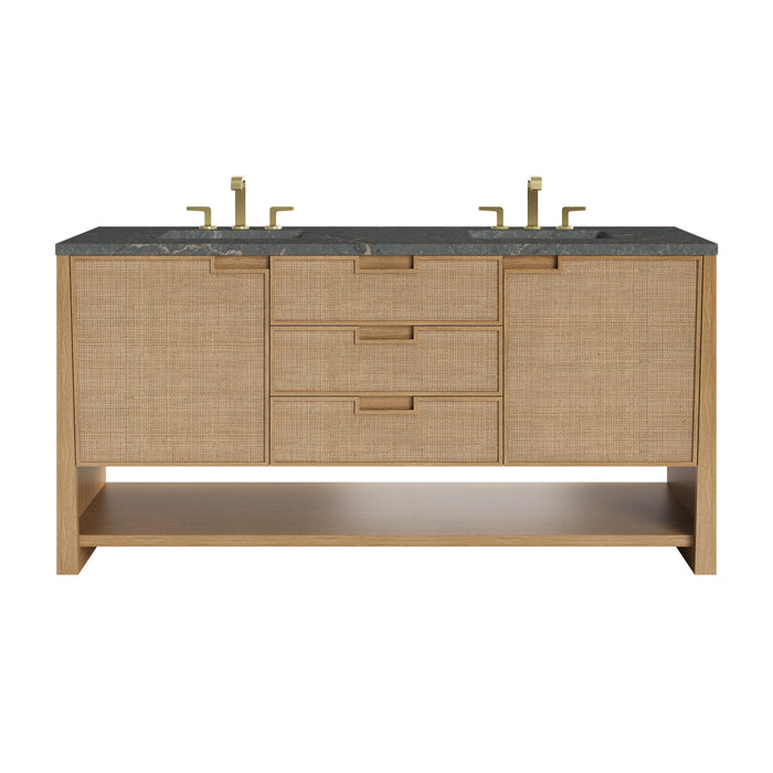 Solene 72" Double Vanity, Seaside Oak, w/ 3 CM Parisien Bleu Quartz Top