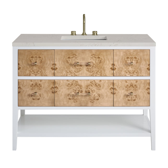 Olena 48" Single Vanity, Light Mappa Burl and Polished White, w/ 3 CM Siberian Silestone Top