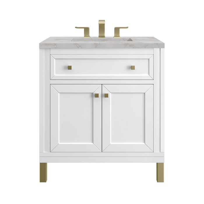 Chicago 30" Single Vanity, Glossy White, w/ 3 CM Victorian Silver Silestone® Top