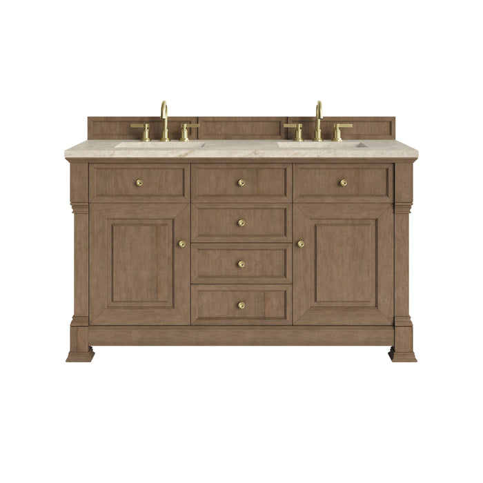 Brookfield 60" Double Vanity, Honey Oak, w/ 3 CM Tajnar Eclos Top w/FreePower Wireless Charger