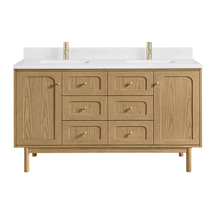 Laurent 60" Double Vanity, Honey Oak w/ 3 CM Eternal Jasmine Pearl Silestone Top w/FreePower Wireless Charger