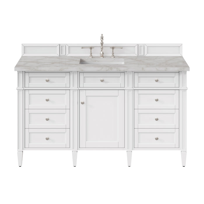 Brittany 60" Single Vanity, Bright White w/ 3 CM Carrara Marble Top