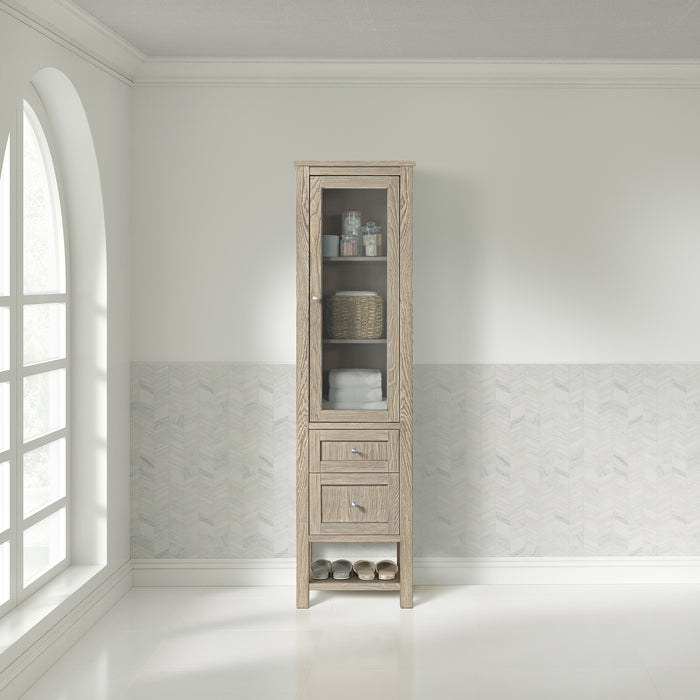 James Martin Breckenridge Linen Cabinet in Whitewashed Oak, shown in a bathroom setting