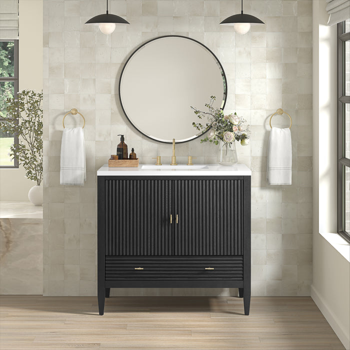 James Martin Myrrin 36" Single Bathroom Vanity in Carbon Oak, shown in a bathroom setting