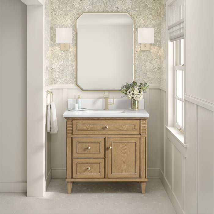 James Martin Lorelai 36" Single Bathroom Vanity in Light Natural Oak, shown in a bathroom setting