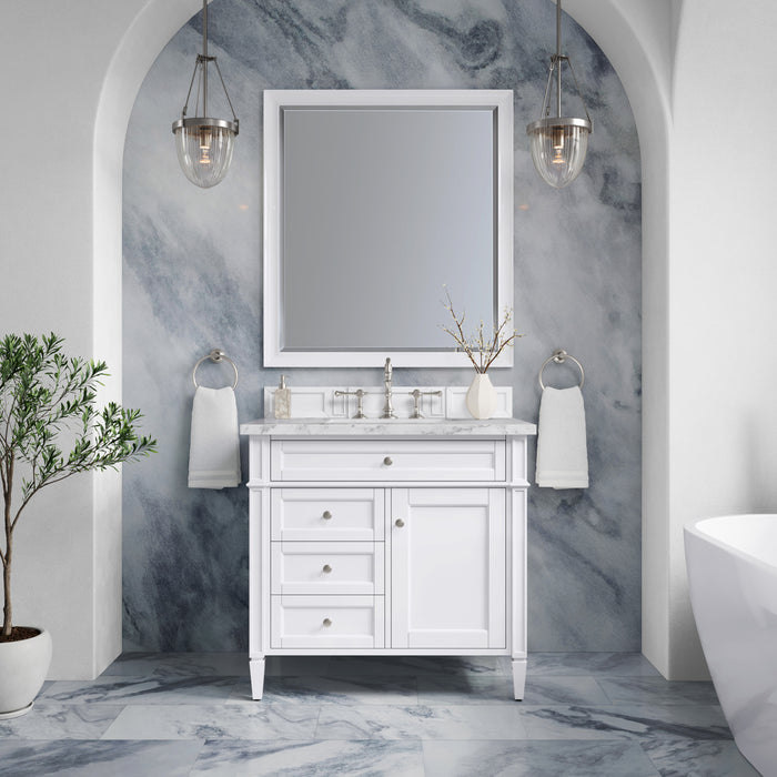 James Martin Brittany 36" Single Bathroom Vanity in Bright White, shown in a bathroom setting