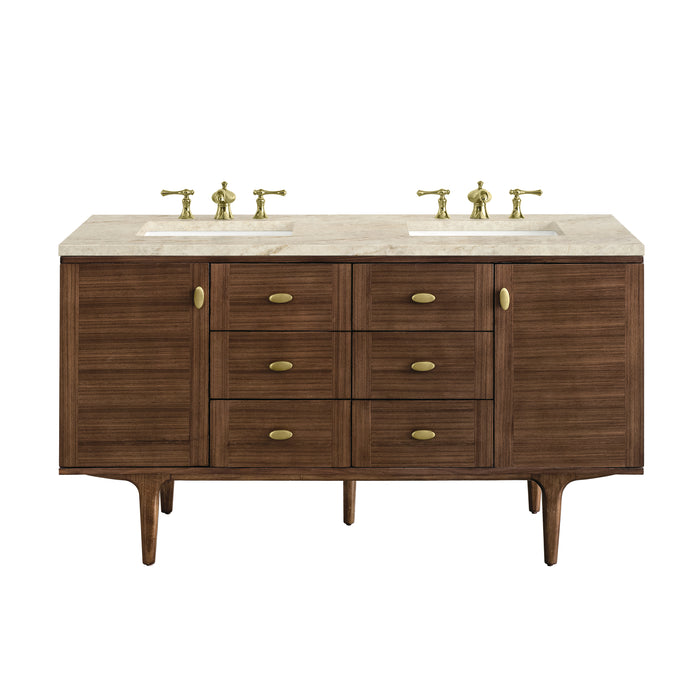 Amberly 60" Double Vanity, Mid-Century Walnut, w/ 3 CM Tajnar Eclos Top