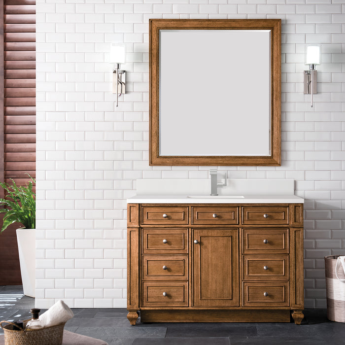 James Martin Bristol 48" Single Bathroom Vanity in Saddle Brown, shown in a bathroom setting