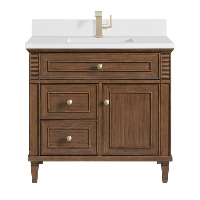 Lorelai 36" Single Vanity, Mid-Century Walnut w/ Single Hole 3 CM White Zeus Silestone Top & Backsplash