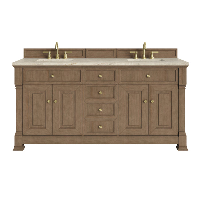 Brookfield 72" Double Vanity, Pecan w/ 3 CM Carrara White Marble Top