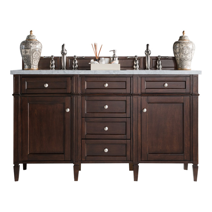 Brittany 60" Double Vanity, Burnished Mahogany w/ 3 CM Victorian Silver Silestone Top