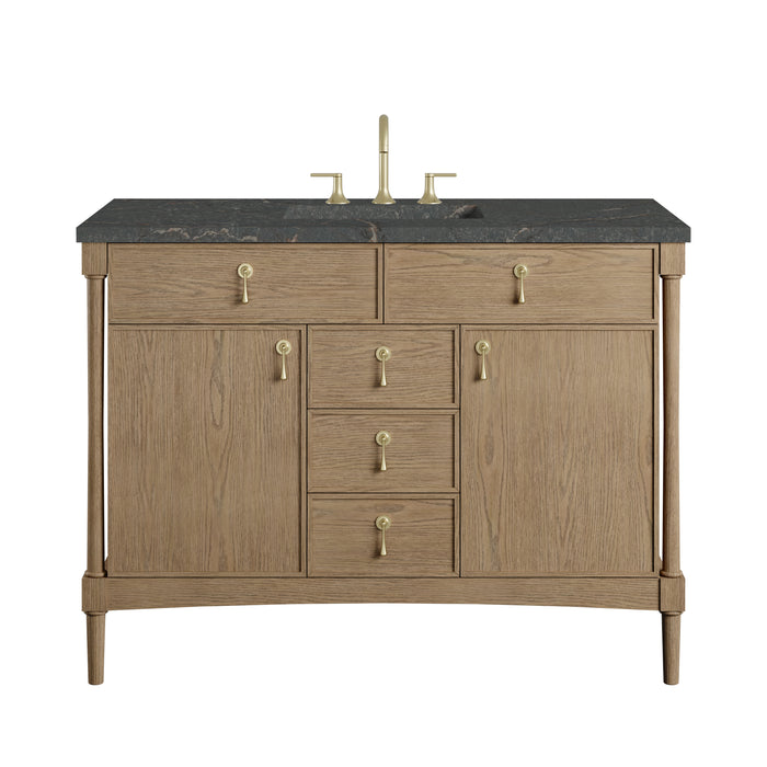Kinnsden 48" Single Vanity, Weathered Oak w/ Single Hole 3 CM White Zeus Silestone Top and Matching Backsplash