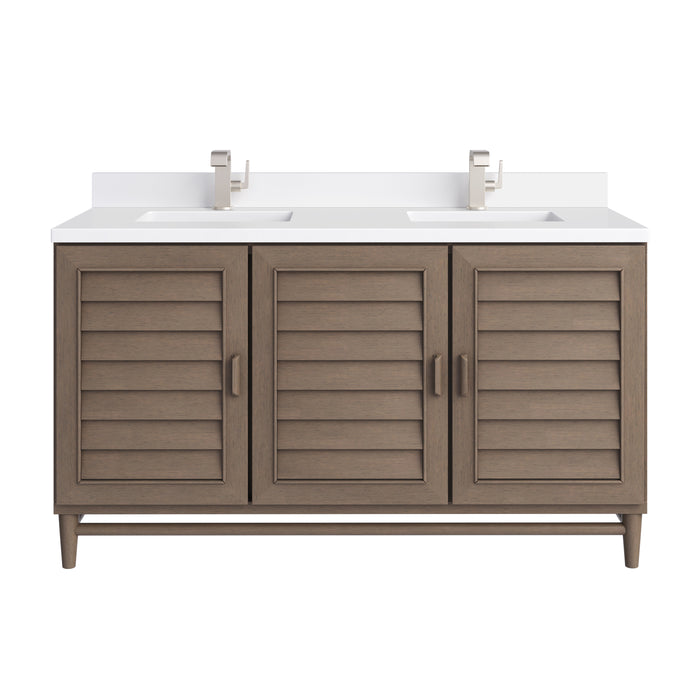 Portland 60" Double Vanity Whitewashed Walnut w/ Single Hole 3 CM White Zeus Silestone Top & Backsplash