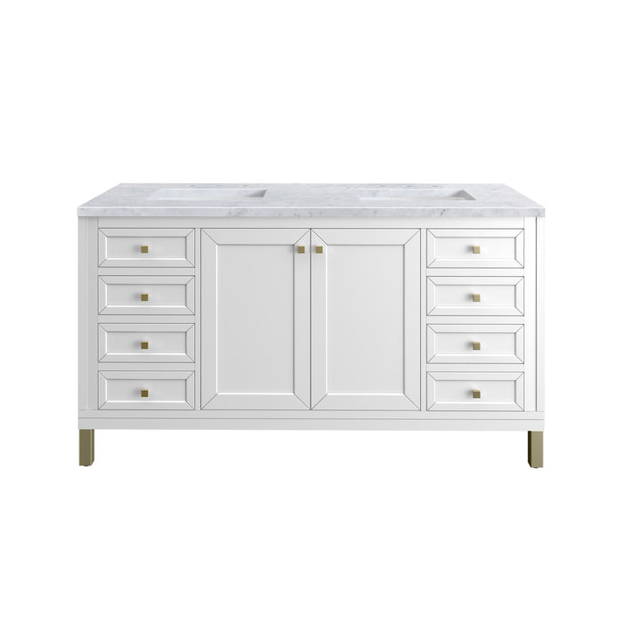 Chicago 60" Double Vanity, Glossy White, w/ 3 CM Carrara Marble Top
