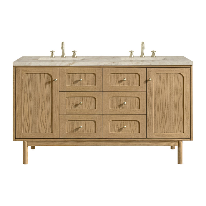 Laurent 60" Double Vanity, Light Natural Oak, w/ 3 CM Eternal Jasmine Pearl Quartz Top