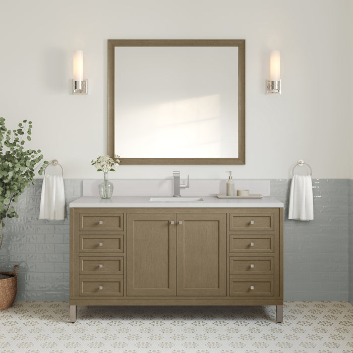 James Martin Chicago 60" Single Bathroom Vanity in Walnut Whisper, shown in a bathroom setting