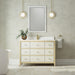 James Martin Celeste 48" Single Bathroom Vanity in Sunwashed Oak with Embossed Shagreen Drawer Fronts, shown in a bathroom setting