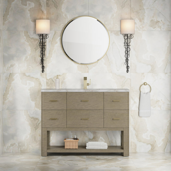 James Martin Lucian 48" Single Bathroom Vanity in Pebble Oak, shown in a bathroom setting