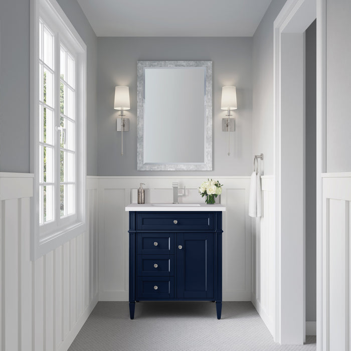 James Martin Brittany 30" Single Bathroom Vanity in Victory Blue, shown in a bathroom setting