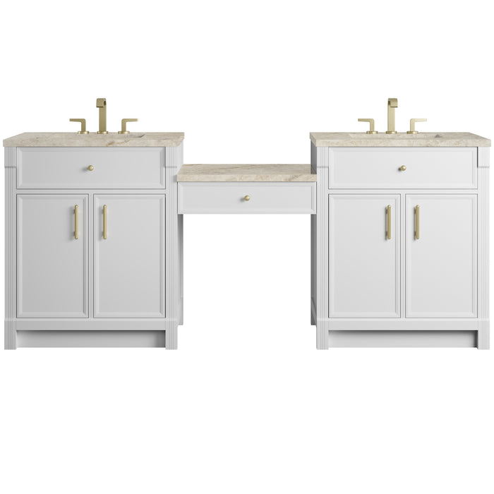 Bellshire 84" Dual Vanity Set with 24" Make-Up Counter, Bright White w/3 cm Tajnar Eclos Top