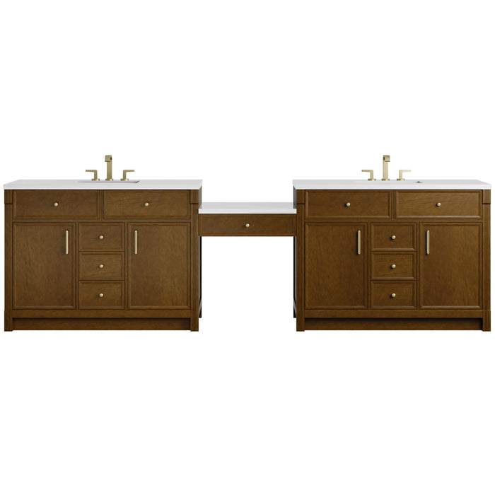 Bellshire 120" Dual Vanity Set with 24" Make-Up Counter, Honey Oak w/3 cm Parisien Bleu Silestone Top