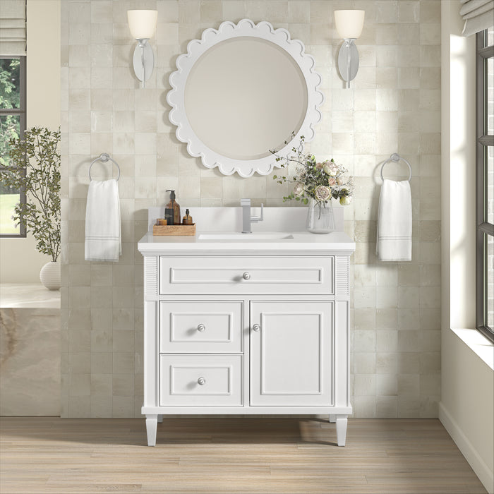 James Martin Lorelai 36" Single Bathroom Vanity in Bright White, shown in a bathroom setting