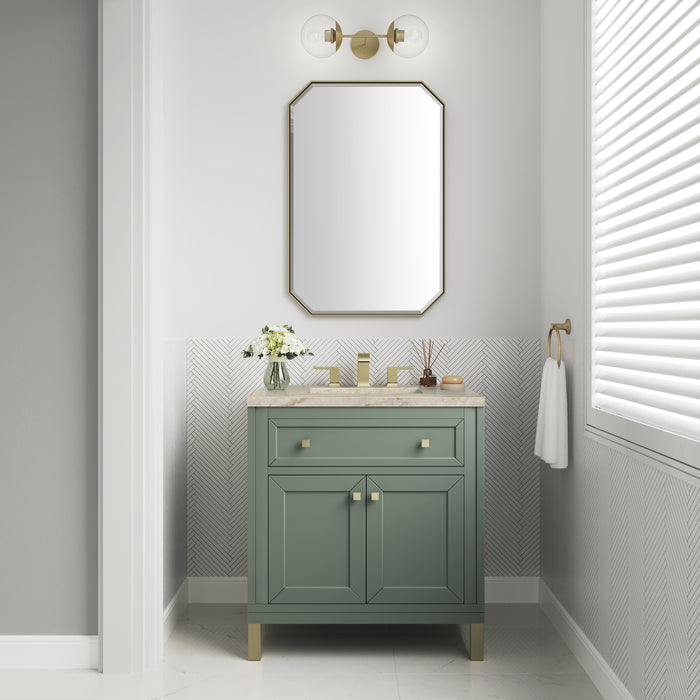 James Martin Chicago 30" Single Bathroom Vanity in Smokey Celadon, shown in a bathroom setting