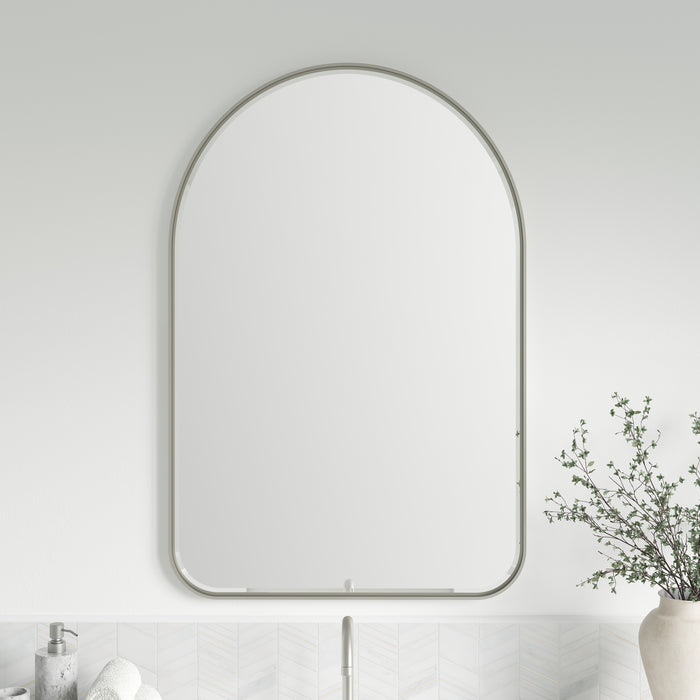 James Martin Rohe 24" Arched Mirror in Satin Nickel, shown in a bathroom setting