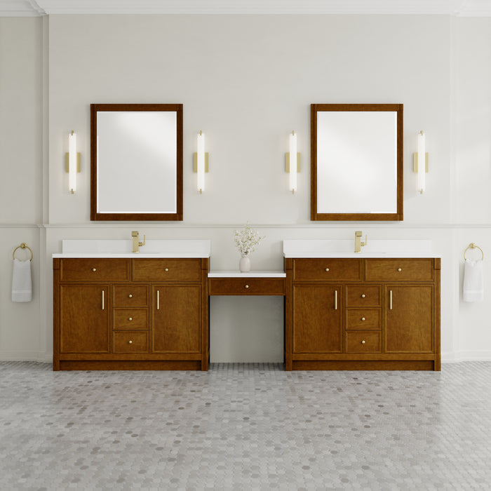 James Martin Bellshire 120" Dual Vanity Set with 24" Make-Up Counter in Honey Oak, shown in a bathroom setting
